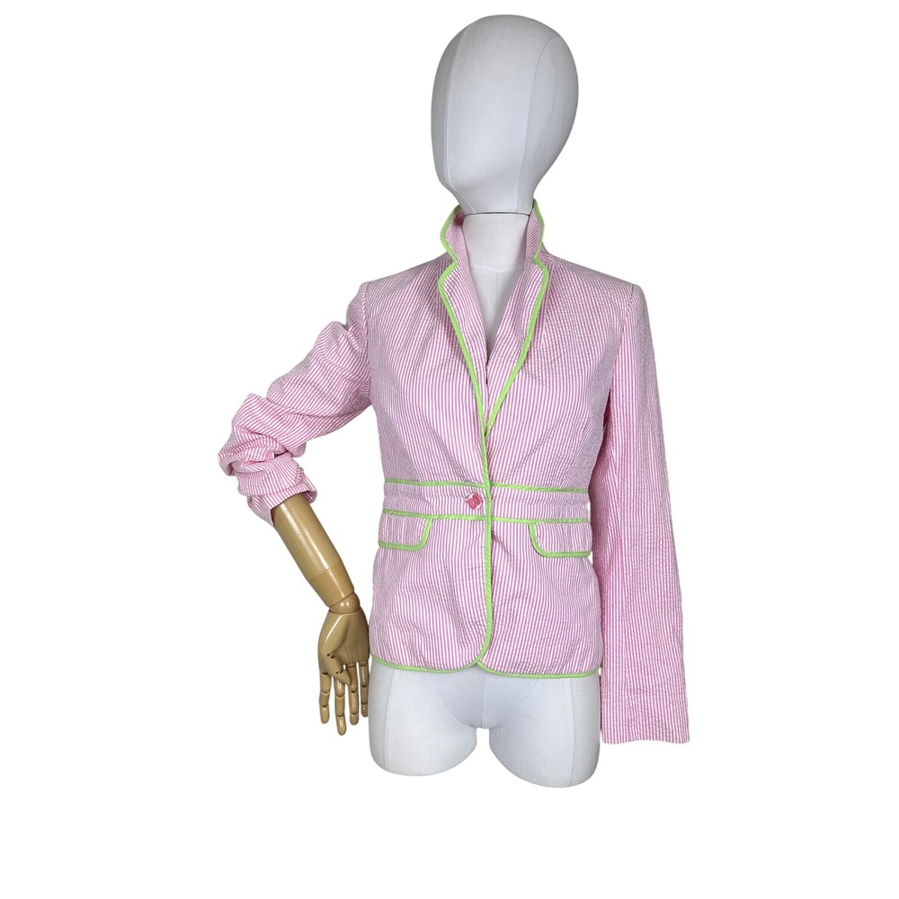 Pink Seersucker Blazer Lime Green Trim Striped Preppy Jacket Women - Picture 2 of 6
